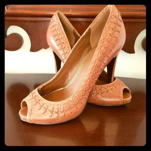 Ralph Lauren tan peep toe heels.